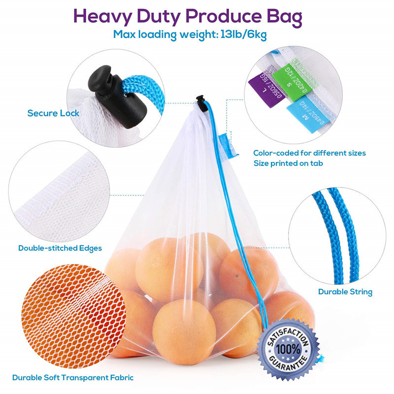 12 Pcs Heavy Duty Reusable Mesh Produce Bags, Barcode Scanable See Through Food Safe Mesh Bags with Drawstring for Fruits