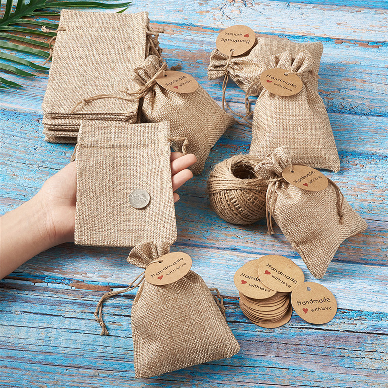 Wholesale Custom Logo Nature Color Jute Pouch Gift Jewelry Packing Storage Hessian Hemp Drawstring Bag with Card