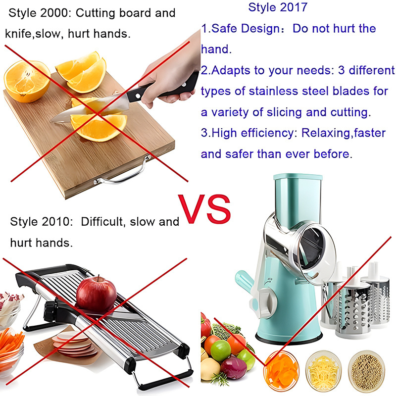 3 in 1 Round Veggie Chopper Fruit Cutter Cheese Shredder Rotary Drum Grater with 3 Stainless Steel Blades