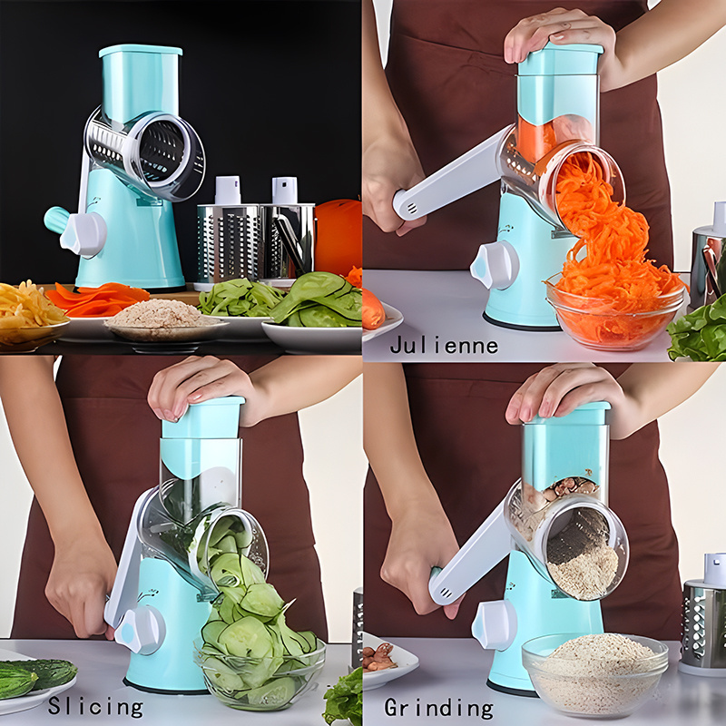 3 in 1 Round Veggie Chopper Fruit Cutter Cheese Shredder Rotary Drum Grater with 3 Stainless Steel Blades