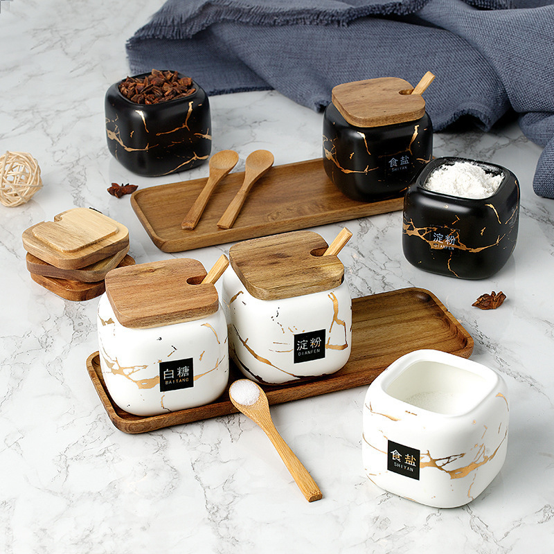 Factory wholesale Japanese Style Kitchen Seasoning Jar Set Household Marble Pattern Ceramic Spice Jar