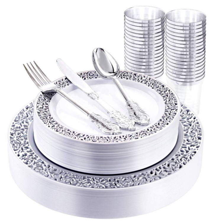 175PCS/25Set/Box Wedding Supplies Birthday Party Knife Fork Spoon Cutlery Set Disposable Cup Plate Tableware