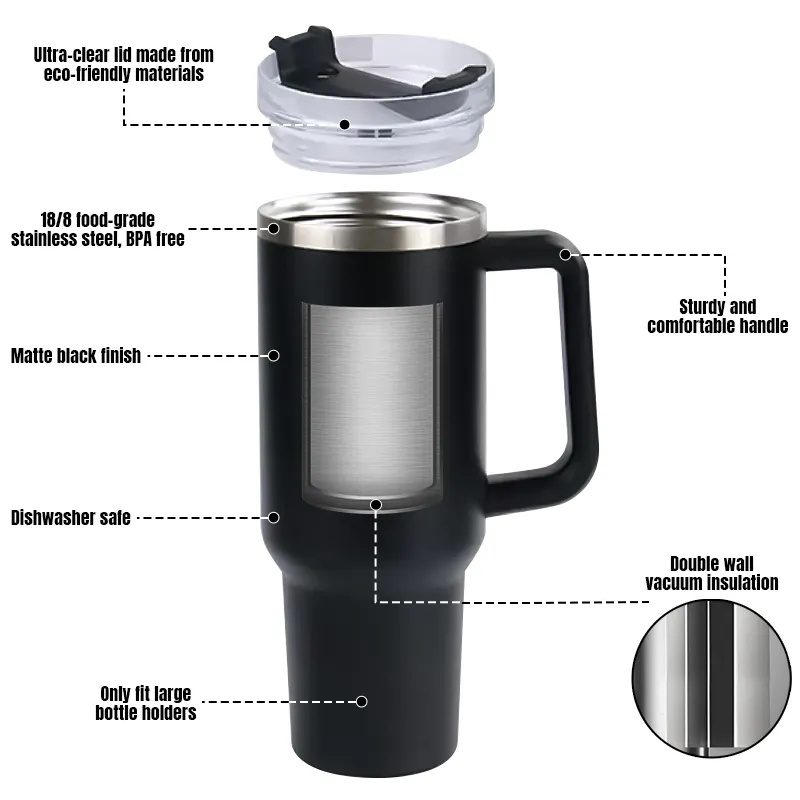 40 Oz Vacuum BPA Free Double Wall 304 Stainless Steel Sublimation Tumbler Coffee Cup With Lid Handle Travel Mug