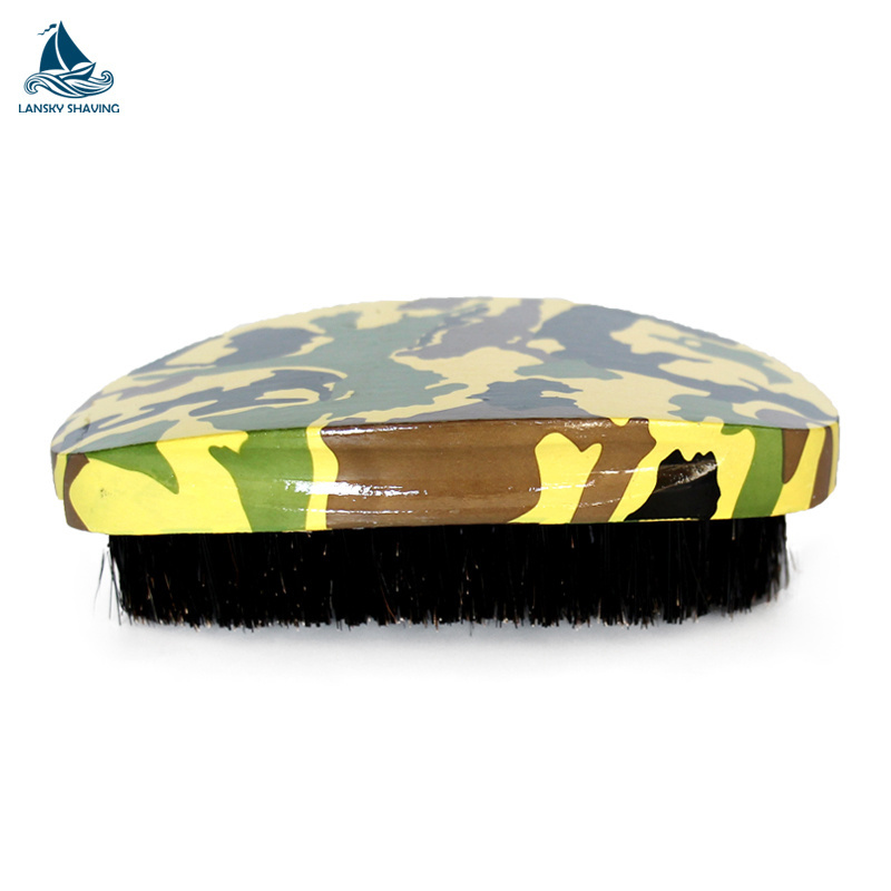 custom logo premium camouflage colourful PU paint wood grain boar bristle wooden 360 wave handle beard brush