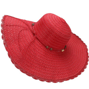 Summer lace wood bead Sun Hat Women Beach Hat windproof sun protection wide brim straw hat