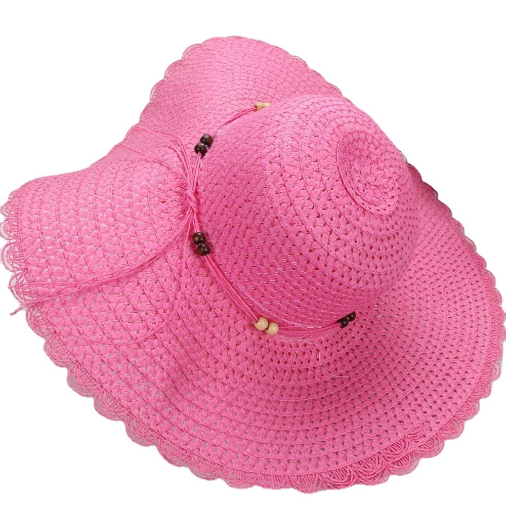 Summer lace wood bead Sun Hat Women Beach Hat windproof sun protection wide brim straw hat