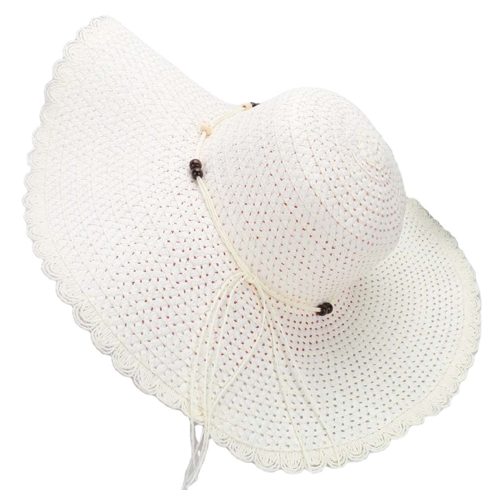 Summer lace wood bead Sun Hat Women Beach Hat windproof sun protection wide brim straw hat