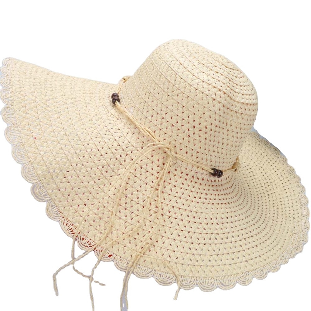 Summer lace wood bead Sun Hat Women Beach Hat windproof sun protection wide brim straw hat