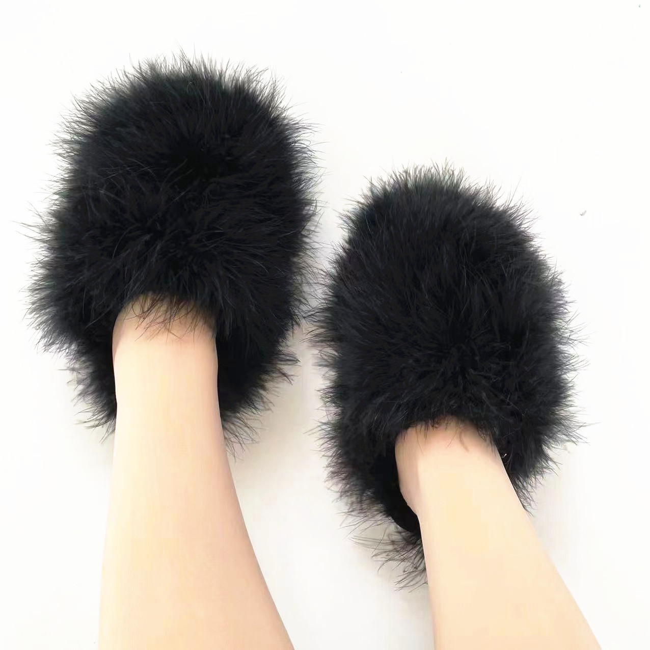 Summer Women Ostrich Fur Fluffy Slippers Ostrich Fur Pumps Fashion Slippers Feather Shoes