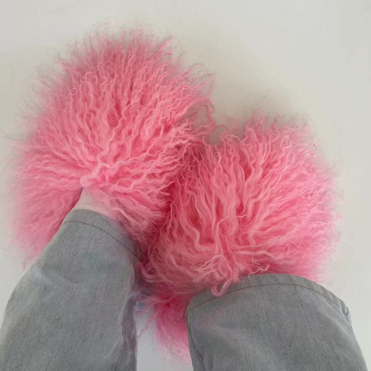 New design flat bottom fluffy fuzzy shoes long sheepskin slide women mongolian fur slipper