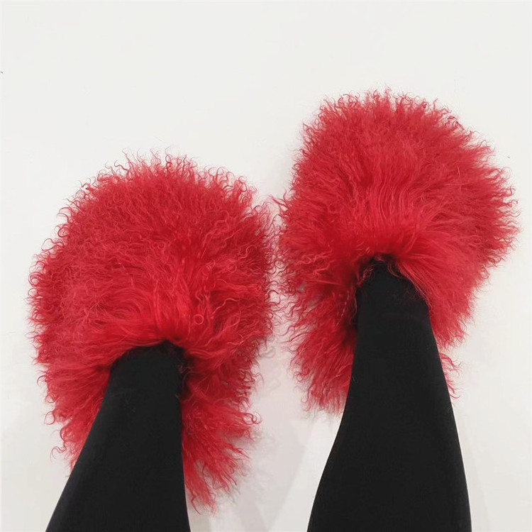 New design flat bottom fluffy fuzzy shoes long sheepskin slide women mongolian fur slipper