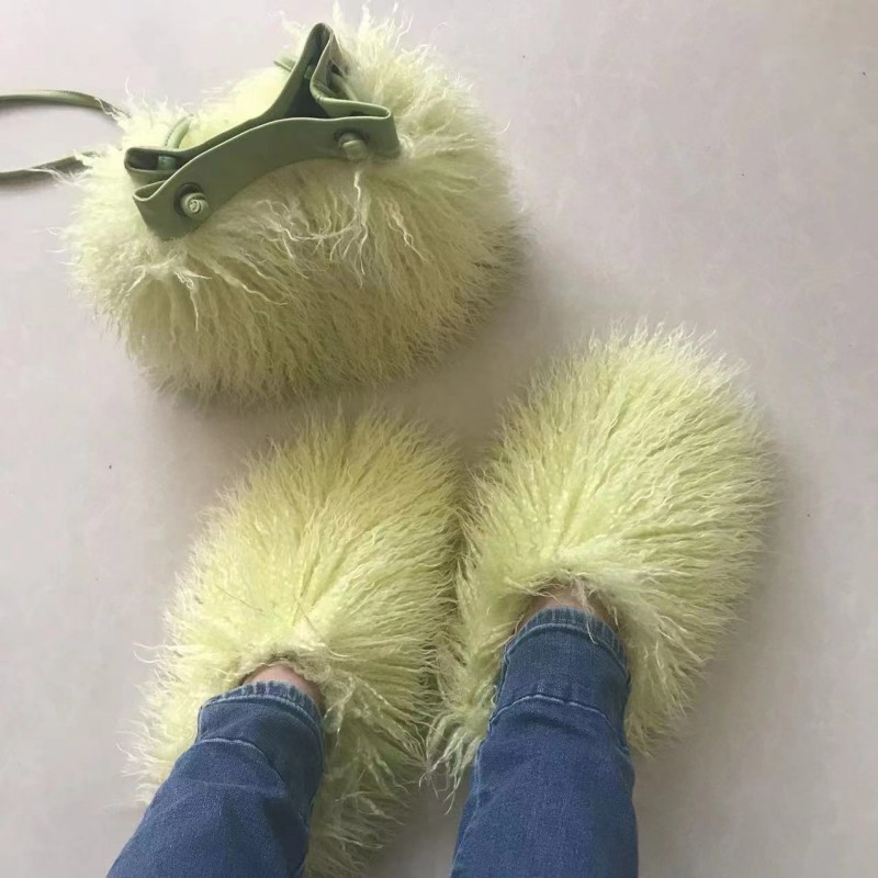 Faux Fur Slippers Fur Slides mongolian Fur Fluffy Sandals Girls Beach Home Plush Sliders Furry Flip Flops Women Shoes Woman