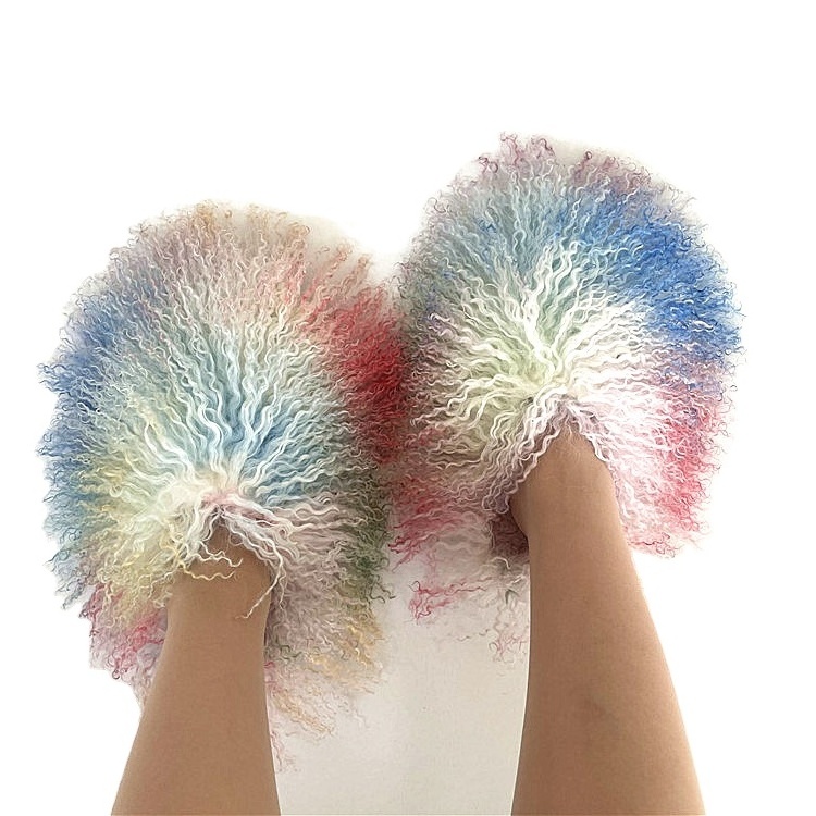 New design flat bottom fluffy fuzzy shoes long sheepskin slide women mongolian fur slipper