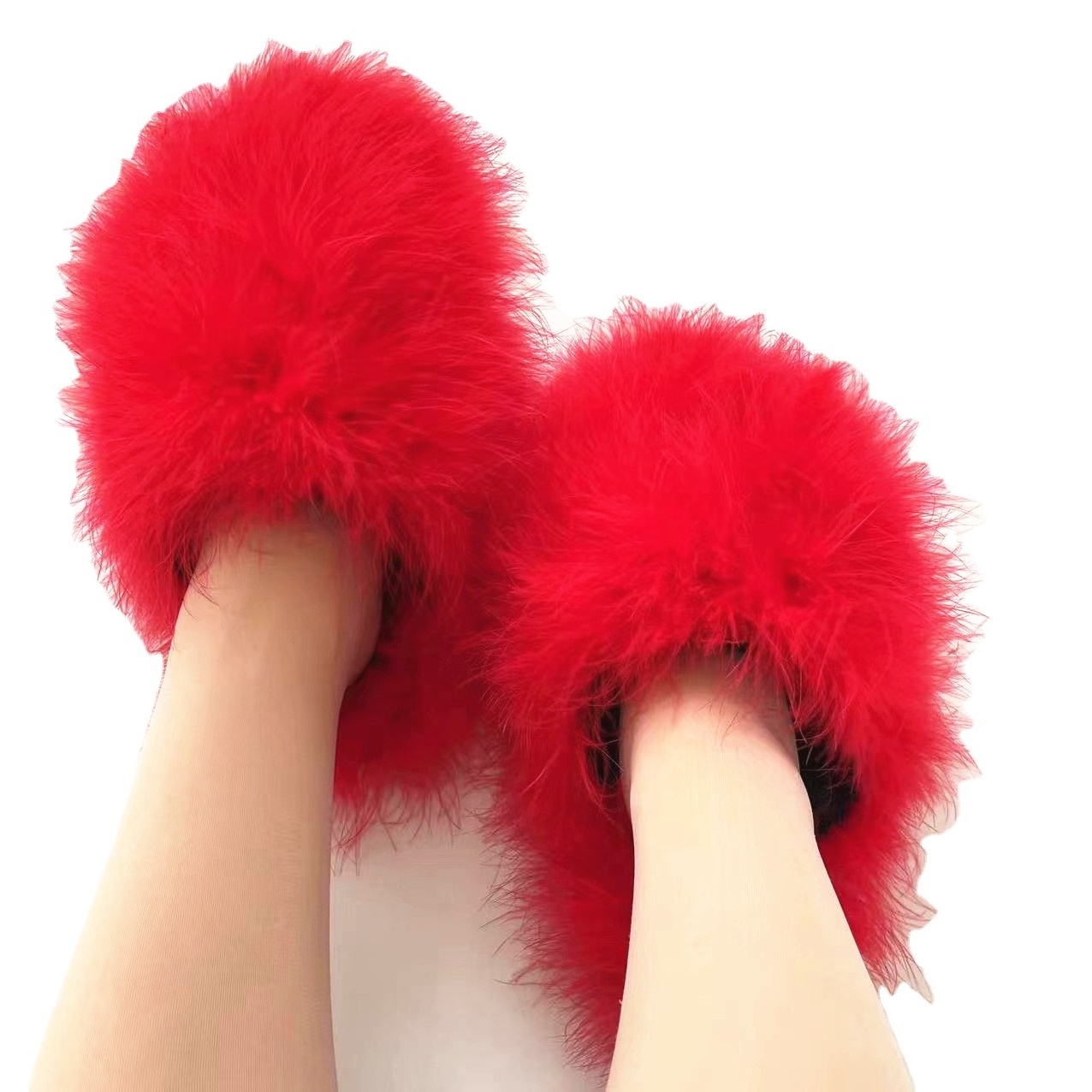 Summer Women Ostrich Fur Fluffy Slippers Ostrich Fur Pumps Fashion Slippers Feather Shoes