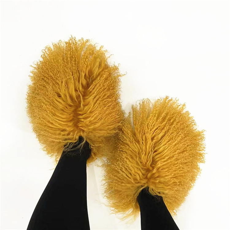 New design flat bottom fluffy fuzzy shoes long sheepskin slide women mongolian fur slipper