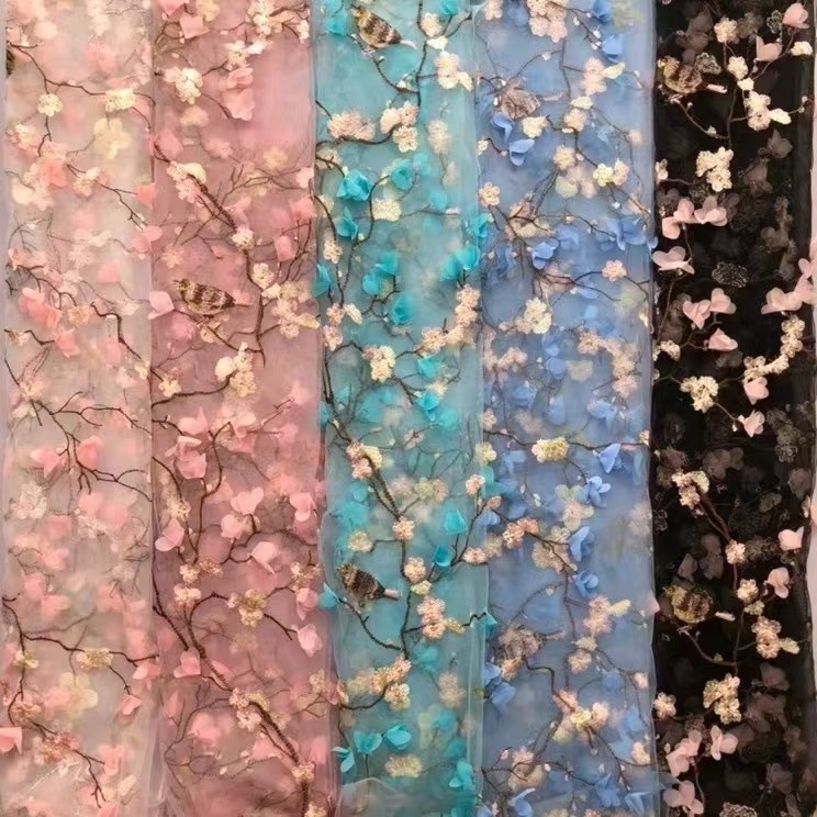 Fancy 3d flower embroidery tulle net lace fabric for dresses