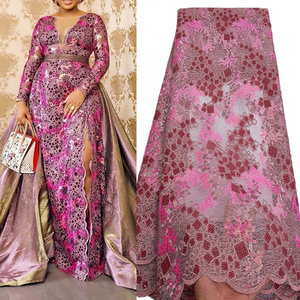 Gorgeous african sequin lace fabric purple nigerian party dresses LT20384