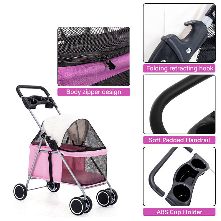 wholesale new design lightweight luxury folding pink four wheel pet smart large stroller for dog