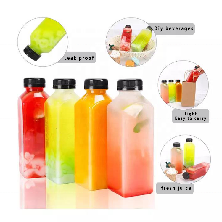 Food Grade Square Beverage Bottle Clear Plastic PET 100ml 250ml 350ml 500ml Square Juice Water Bottle With Lid