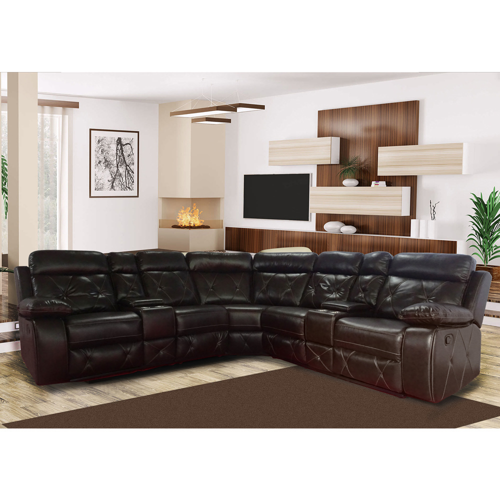 Modern L shape manual corner recliner furniture living room sofa sets Luxury Air leather sofa set brown color