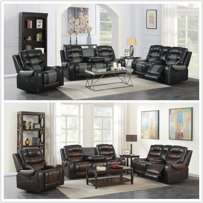 Top Grain genuine Leather  living room recliner sofa set loveseat reclinable sofa with drop table & console