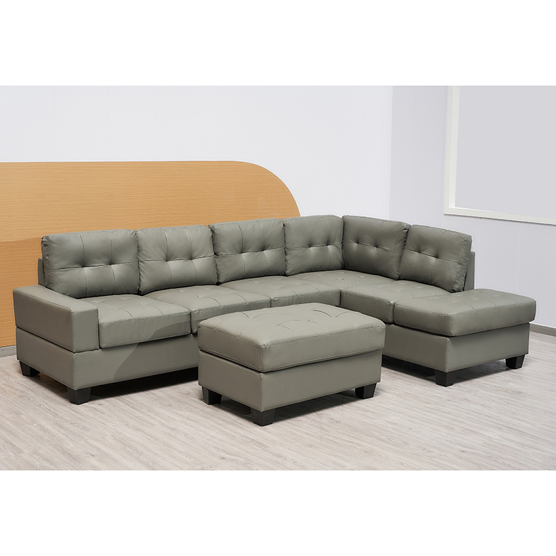 PU Faux Leather  L Shaped Sofa With Storage Ottoman And Drop Down Table Cup Holder