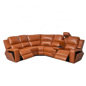 Orange Color Power Recliner Leather Corner Sofa With Console Reading Light Storage And Cupholder