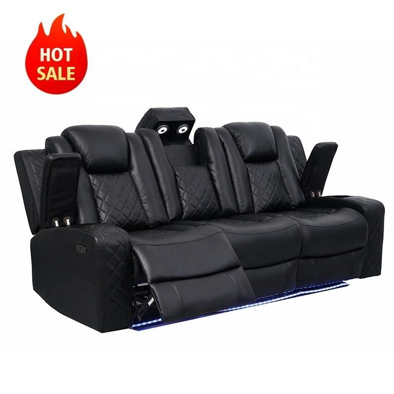 3 Seat Adjustable USB Charger Leather Electric Recliner Sofa Luxury Home Theater Sofa with Music Player  for VIP Movie Room