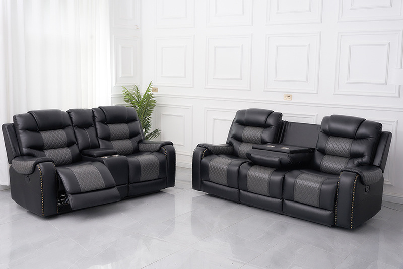 Top Grain genuine Leather  living room recliner sofa set loveseat reclinable sofa with drop table & console