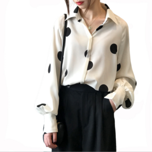 High Quality Korean Dot Print Chiffon Loose Fashion Ladies Long Sleeve White Shirt Blouse