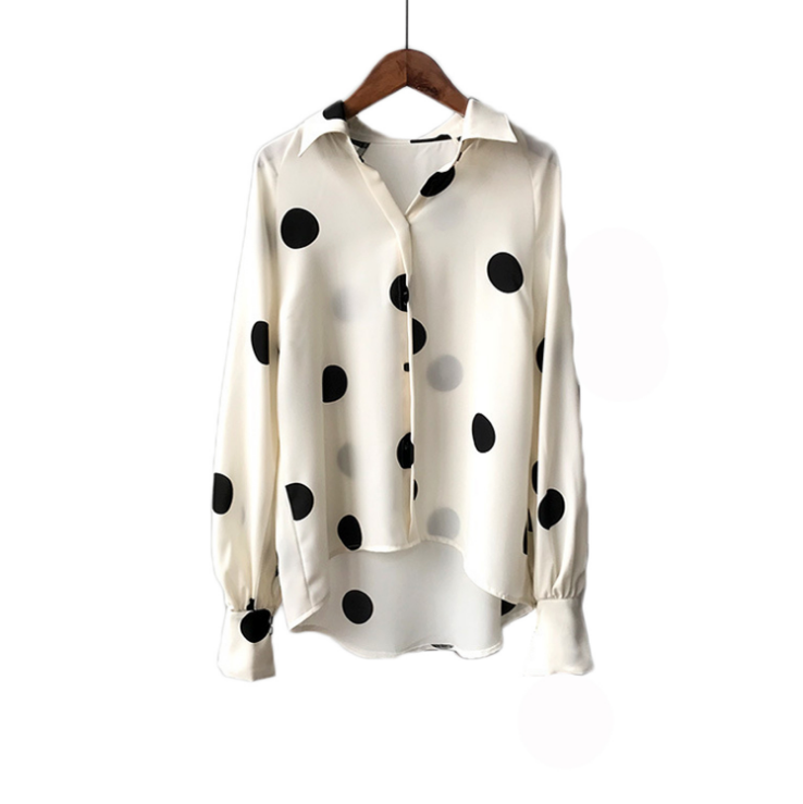 High Quality Korean Dot Print Chiffon Loose Fashion Ladies Long Sleeve White Shirt Blouse