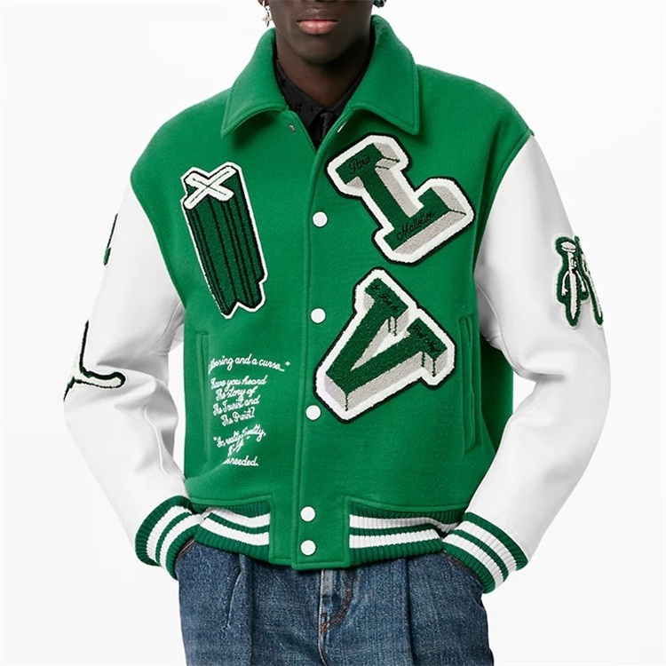 Bulk Custom Leather Green Varsity Jackets For Men Chain Chenille Embroidery Bomber Flight Baseball Letterman Varsity Jacket