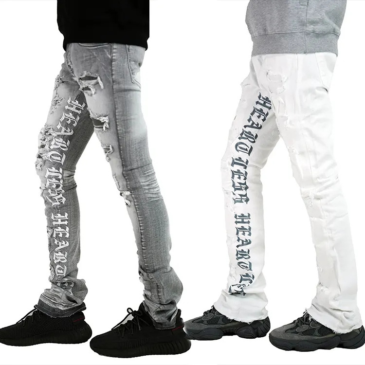 Streetwear Letter Printed Ripped Denim Jeans Men Manufacturer Wholesale Custom Distressed Jeans Flare Designer Stacked Jeans