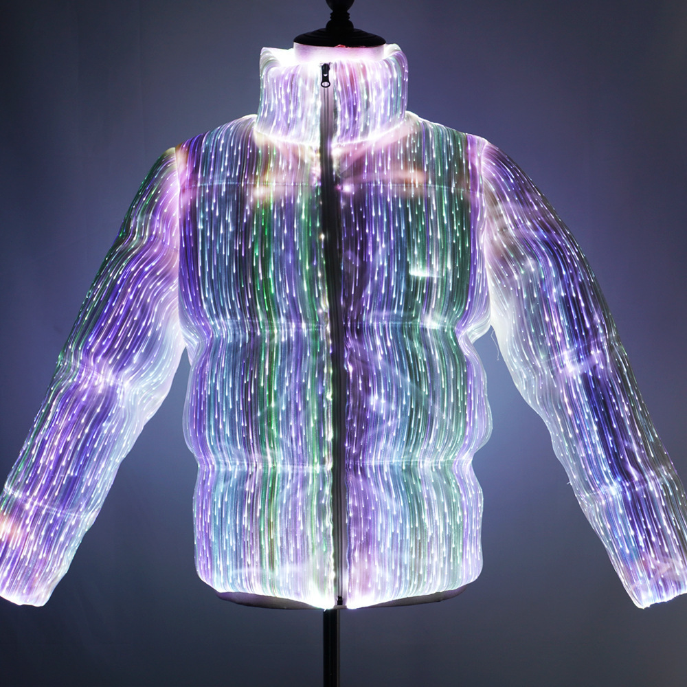 Luxury Custom Winter High Tech Glow Down Jacket LED Fiber Optic Bread Jacket Unisex Warm Thick Glow Coat LED Puff Jacket Stand