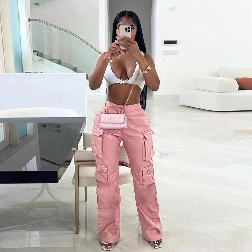 Custom Elastic Waist Pink Spandex Pu Leather Cargo Pants With Big Pocket Xl Size Straight Style Carpenter Cargo Pants For Women