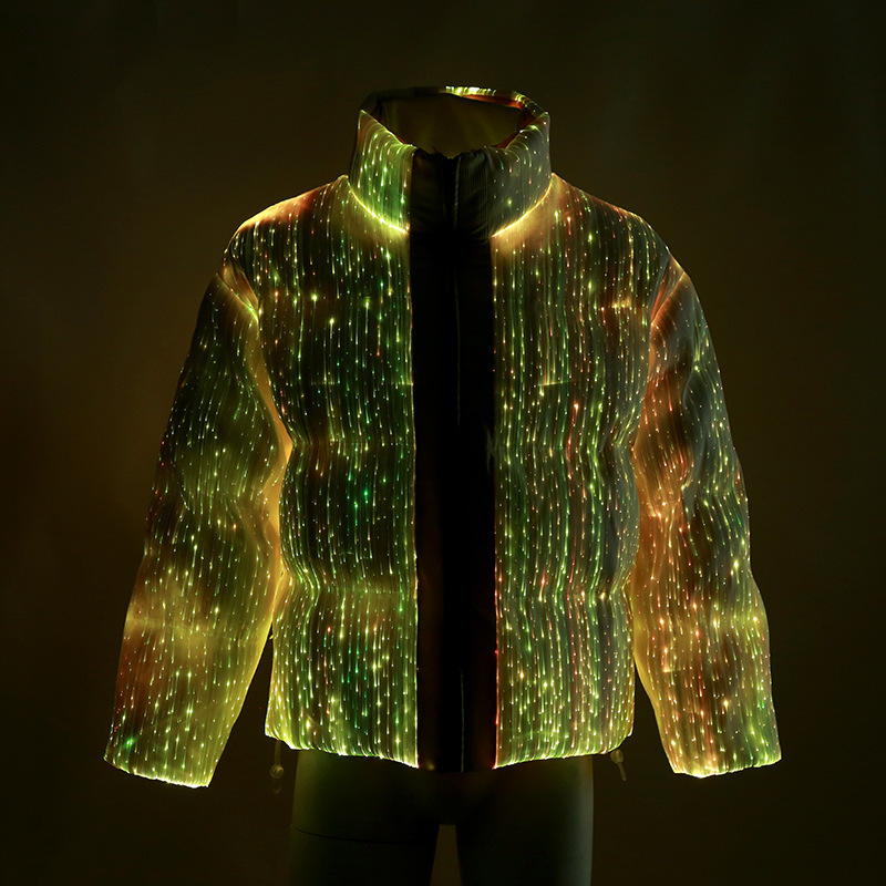 Luxury Custom Winter High Tech Glow Down Jacket LED Fiber Optic Bread Jacket Unisex Warm Thick Glow Coat LED Puff Jacket Stand