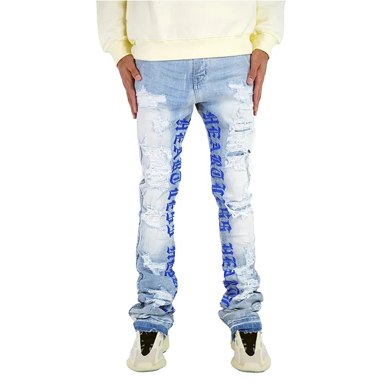 Streetwear Letter Printed Ripped Denim Jeans Men Manufacturer Wholesale Custom Distressed Jeans Flare Designer Stacked Jeans