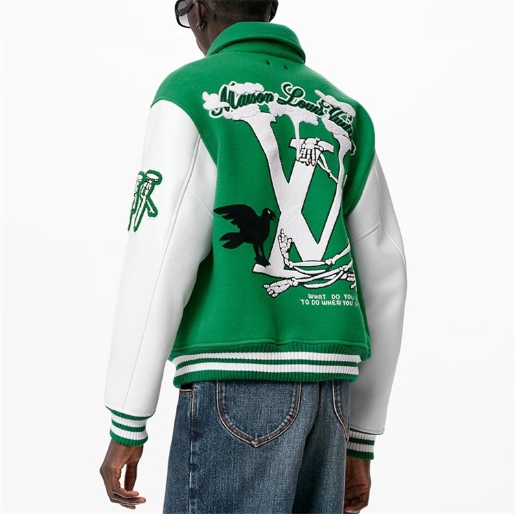 Bulk Custom Leather Green Varsity Jackets For Men Chain Chenille Embroidery Bomber Flight Baseball Letterman Varsity Jacket