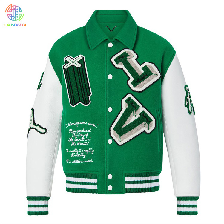 Bulk Custom Leather Green Varsity Jackets For Men Chain Chenille Embroidery Bomber Flight Baseball Letterman Varsity Jacket