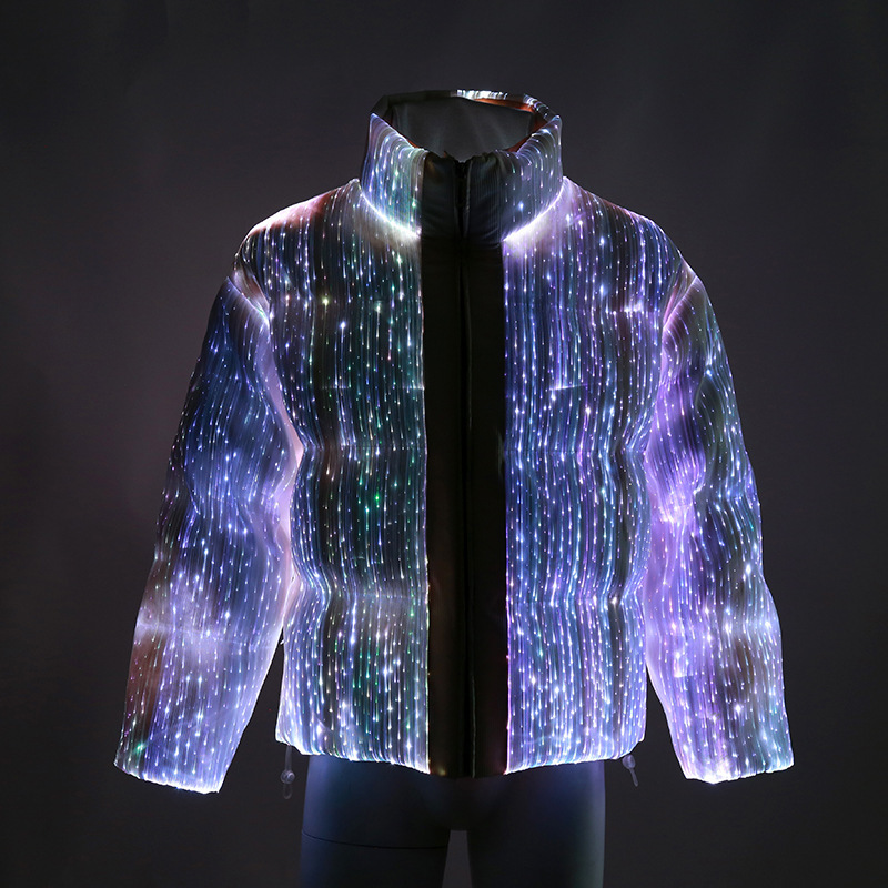 Luxury Custom Winter High Tech Glow Down Jacket LED Fiber Optic Bread Jacket Unisex Warm Thick Glow Coat LED Puff Jacket Stand