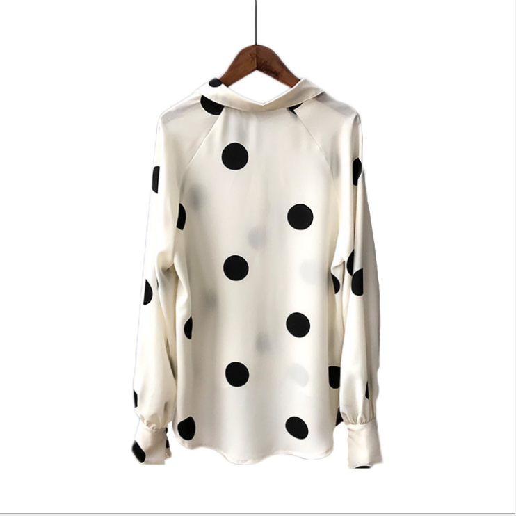 High Quality Korean Dot Print Chiffon Loose Fashion Ladies Long Sleeve White Shirt Blouse