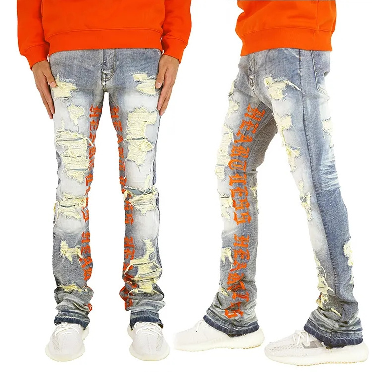 Streetwear Letter Printed Ripped Denim Jeans Men Manufacturer Wholesale Custom Distressed Jeans Flare Designer Stacked Jeans