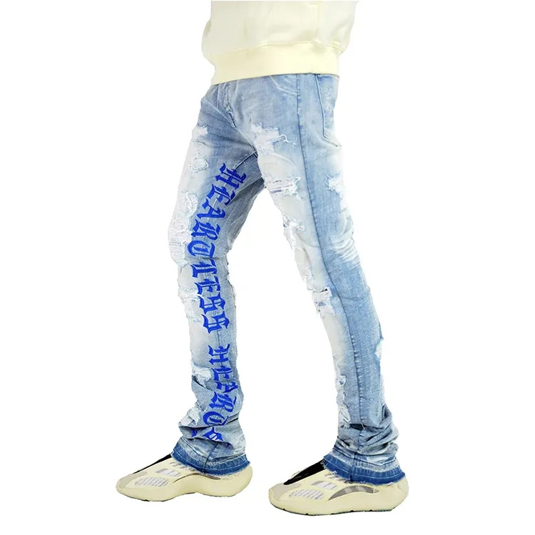 Streetwear Letter Printed Ripped Denim Jeans Men Manufacturer Wholesale Custom Distressed Jeans Flare Designer Stacked Jeans