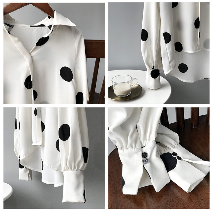 High Quality Korean Dot Print Chiffon Loose Fashion Ladies Long Sleeve White Shirt Blouse