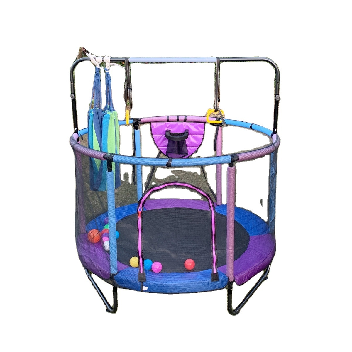 The factory sells solid stainless steel circular children's indoor and outdoor entertainment mini trampoline with swing