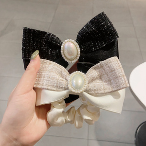 Wholesale Pearl Scrunchies Fabric Double Bowknot Elastic Scrunchies Girls Fashion Ponytail Holder Women Hair Accessories