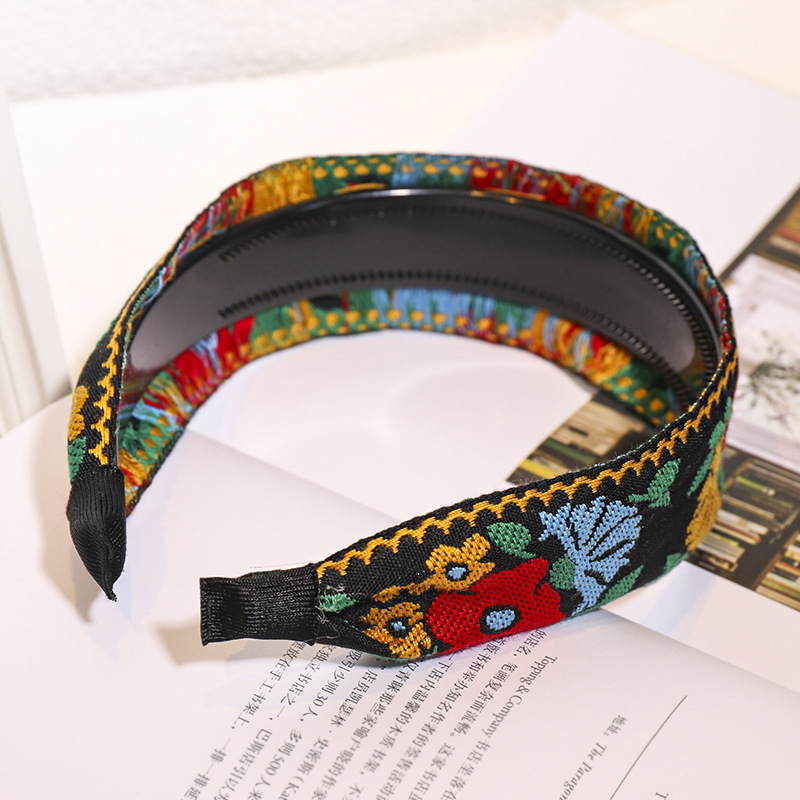 Fashion Boho Ethnic Flower Embroidery Headband Anti Slip Wide Hair Band Women Fine Jewelry Accessory Hair Decoration