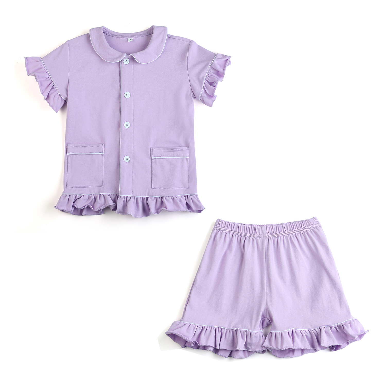 High Quality 95% Cotton Kids Pajamas Two Piece Short Pajamas Baby Boys Girls Ruffle Summer Pyjamas Set