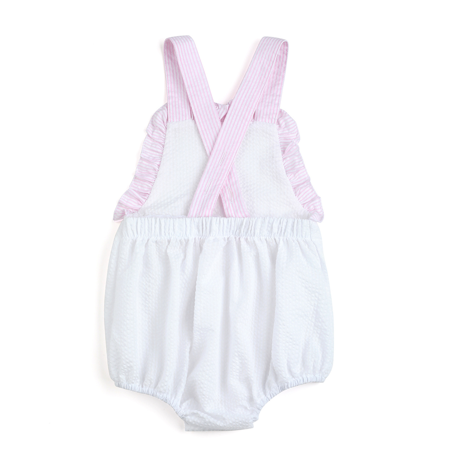 Monogram summer infant toddler seersucker girls bubble romper with pink trim white Easter spring boys sunsuit