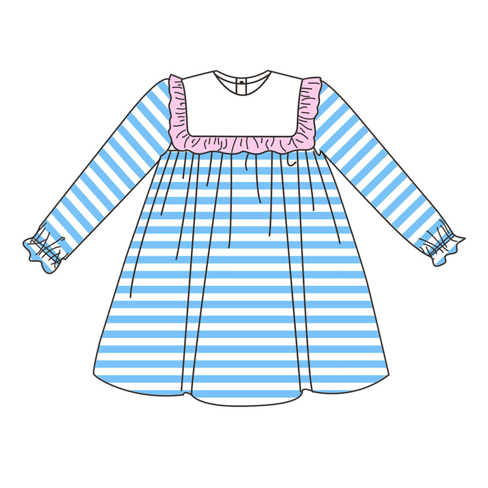 Wholesale Winter Children Cotton Clothes Long Sleeve Pink Stripe Girls Smocked Dresses Baby Outfit Party Kids Clothing